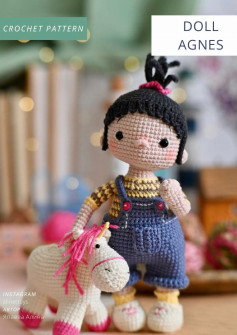 DOLL AGNES, Crochet pattern for a black-haired girl doll wearing overalls and a unicorn horse