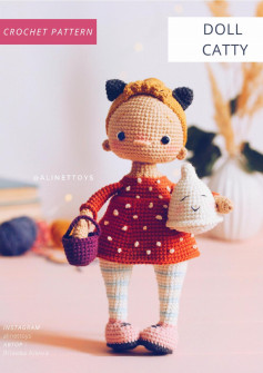 DOLL CATTY, Mẫu móc len búp bê bé gái mặc váy đỏ chấm trắng, đầu đội bờm tóc tai mèo