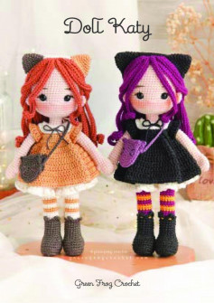 Doll Katy, Girl crochet model wearing orange and black clothes, orange and black hair, carrying a crossbody bag and cat ears