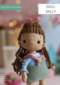 DOLL SALLY, Crochet pattern for a little girl doll wearing a pinafore with brown hair