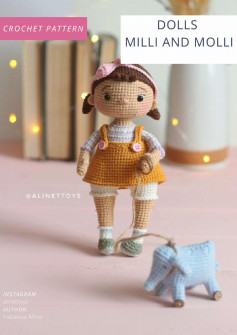 DOLLS MILLI AND MOLLI, Crochet pattern for baby girl doll wearing overalls and hairband