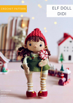 ELF DOLL DIDI , Crochet pattern for a little girl doll wearing a blue dress and a red hat
