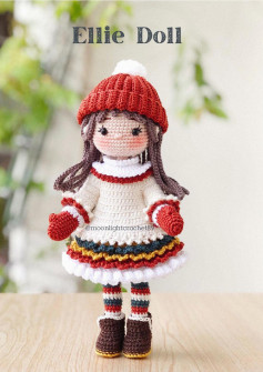 Ellie Doll, Crochet pattern for a little girl with brown hair, a red hat and a white dress