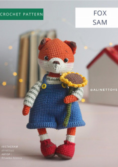 FOX SAM, fox wearing overalls, holding sunflowers