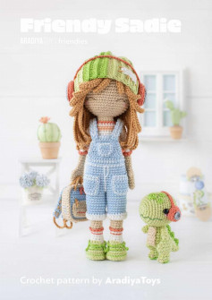 Friendy Sadie AradiyaToys friendies, Crochet pattern for a little girl doll wearing overalls, a beanie hat and headphones