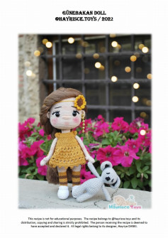 GÜNEBAKAN DOLL, Crochet pattern for a little girl doll wearing a yellow dress and sunflowers
