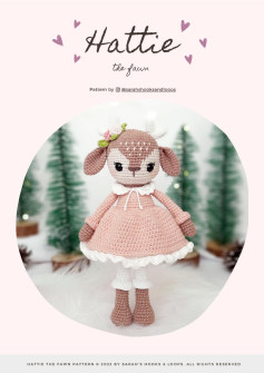 Hattie the fawn Pattern, Crochet pattern for a deer doll wearing a yellow-brown dress