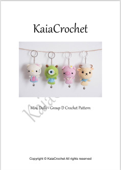 kaia crochet, mini dolls group d crochet pattern, pink pig, hello kitty, big eyed monster, little sheep