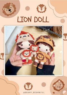 LION DOLL, Crochet pattern for boy and girl dolls holding lion toys, wearing lion shirts, and lion hats