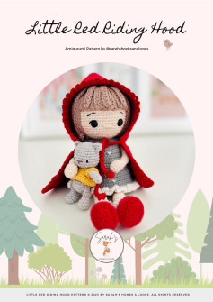 Little Red Riding Hood Amigurumi Pattern, Crochet doll model wearing a red coat and gray skirt