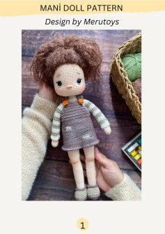 MANİ DOLL PATTERN, Crochet pattern for a black-haired girl doll wearing a overalls