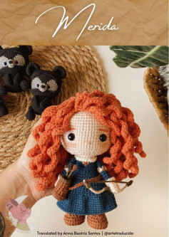 merida doll crochet pattern, Crochet pattern for a red-haired doll wearing a bow and arrow and wearing a dress