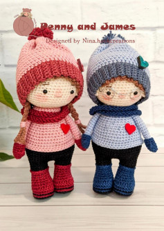 Penny and James, Crochet pattern for a couple of dolls wearing winter clothes