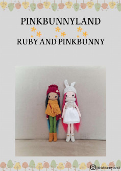 PINKBUNNYLAND RUBY AND PINKBUNNY, Crochet pattern for a long-haired girl wearing a bunny hat