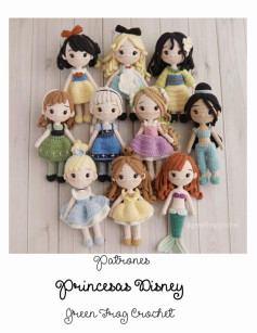 Princesas Disney, Snow White, Cinderella, Aurora, Ariel, Belle, Jasmine, Pocahontas, Mulan, Tiana, Rapunzel, Merida, Moana, and Raya.