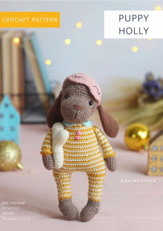 PUPPY HOLLY, Crochet pattern for a dog doll wearing pajamas and a hat