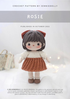 ROSIE, Crochet pattern for a black-haired little girl doll wearing a brown dress