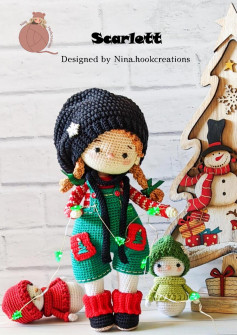 Scarlett, Crochet pattern for a little girl doll wearing overalls and a black beanie hat