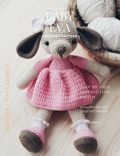 BABY EVA, Crochet pattern for a dog doll wearing a hip-colored dress and a white bow