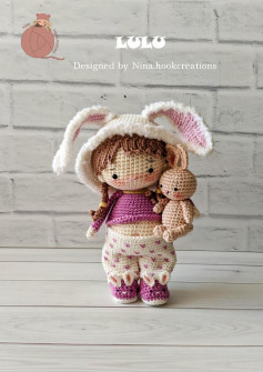 Crochet pattern for a doll wearing a bunny hat