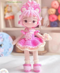 Crochet pattern for doll wearing pink dress, pink hair, pink shoes