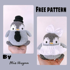 Crochet pattern of a penguin wearing a skirt, hat, and tie