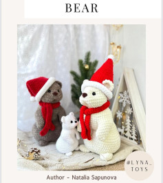 Crochet pattern of white bear, brown bear wearing Santa hat