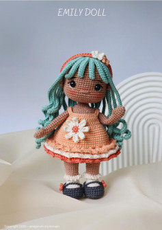 EMILY DOLL, crochet pattern for little girl wearing blue hair dress