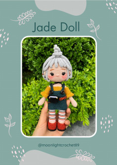 Jade Doll, crochet pattern for doll wearing overalls with gray hair