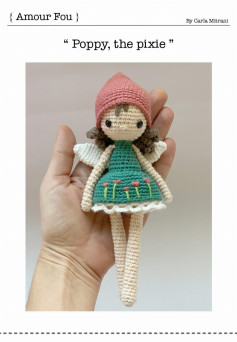 Poppy, the pixie, Crochet pattern for an angel with wings wearing a dress and a hat