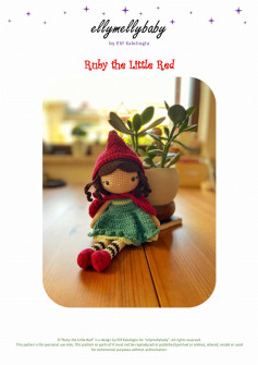 ruby the little red, Crochet pattern for a doll wearing a blue dress and a red hat