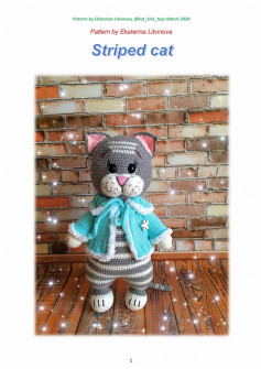 striped cat crochet pattern ,wearing a blue jacket