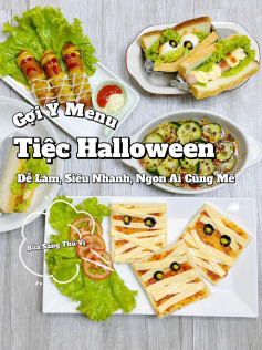 4 công thức tiệc halloween dễ làm siêu ngon: sandwich kẹp xúc xích trứng phô mai. salad sọ dừa, xúc xích băng bó, sandwich băng bó.