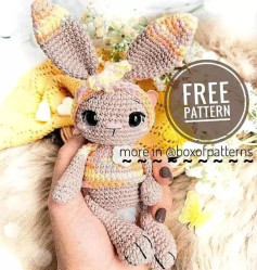Crochet pattern for a brown rabbit wearing a bow