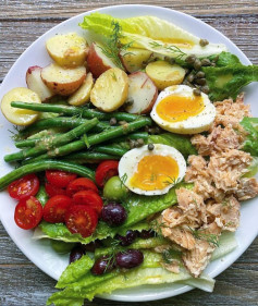 (1) Salmon Niçoise Salad with Lemon Dijon dressing.… Lemon Dijon dressing: in a small mason jar combine: