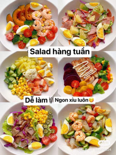 10 món salad hàng tuần dễ làm ngon xỉu luôn: salad gà với khoai tây tím và rau theo mùa, salad rau bò bít tết, salad khoai tây nghiền, gỏi tôm chay bí đỏ, salad dưa chuột,