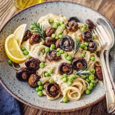 Alfredo chickpea fettuccine with roasted mushrooms and green peas