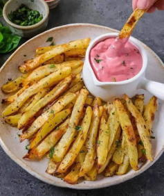 Baked Herb Fries with Beet Garlic Mayo