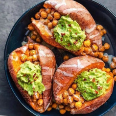 Baked Sweet Potatoes loaded with tandoori spiced chickpeas