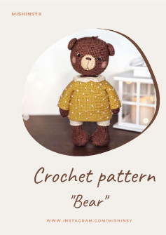 Brown bear crochet pattern wearing orange shirt