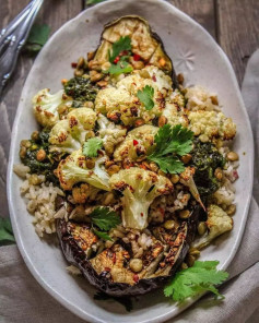 Chermoula Eggplant with Cauliflower, Brown Rice & Roasted Lentils