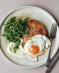 Chicken Milanese with a Fried Egg, Parmesan, Truffle Mayo + Rocket