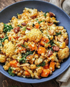 Chickpea Sweet Potato Kale Nourish Bowl with Israeli Couscous & Lemon Tahini Vinaigrette 🌿