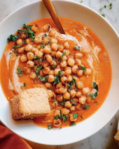 Cozy Curried Sweet Potato Soup with Roasted Chickpeas