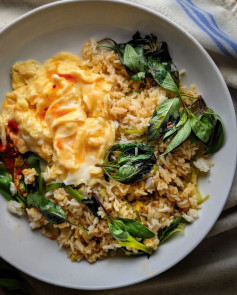 Creamy Eggs, Aromatic Rice with Leek Tops, Thai Basil & Sambal