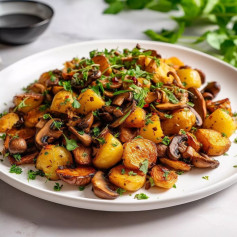 Crispy potatoes and mushrooms with avocado