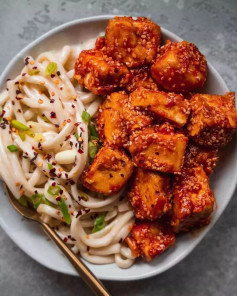 Crispy tofu and coconut noodles