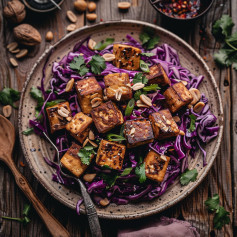 Crispy Tofu with Peanut Sauce and Cabbage Slaw