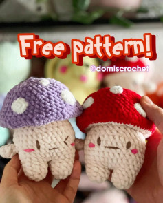 Crochet patterns for purple hat mushrooms and red hat mushrooms