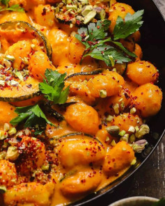 Gnocchi & Zucchini in Creamy Saffron & Grilled Pepper Sauce